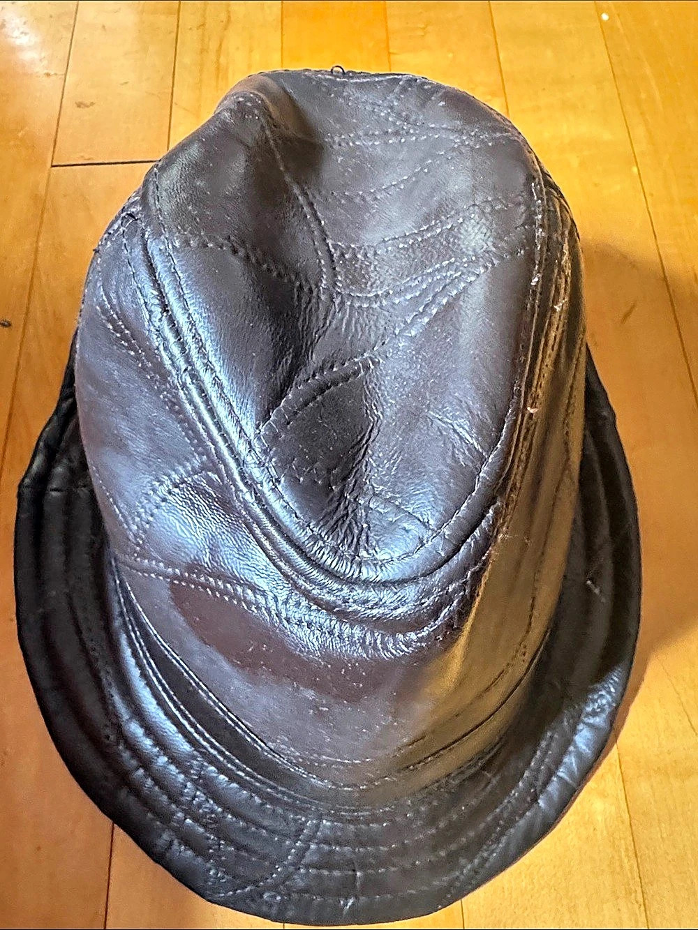 Haband vintage brown patchwork Leather Fedora Hat with stitching and ribbed brim